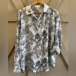 C by One Toile Print Button Down Blouse Jungle Safari Black White Large